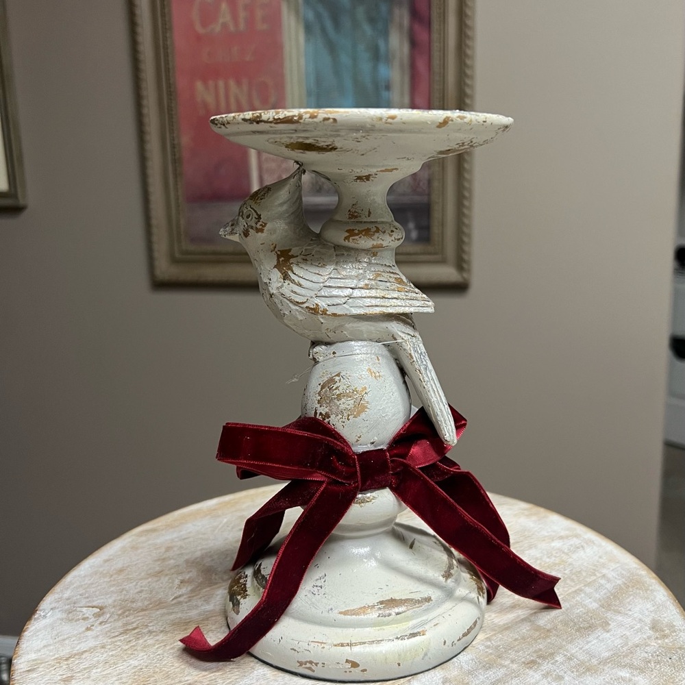 🎄 Southern Living Cardinal Candle Holder with Deep Red Velvet Bow